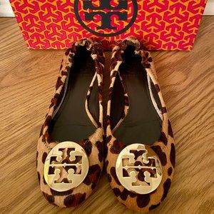 Tory Burch Reva leopard calf hair ballet flats